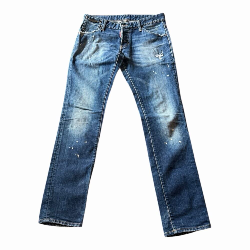 Dsquared2 Paint Splatter Distressed Slim Fit Jeans Indigo Blue Sz 46 Streetwear